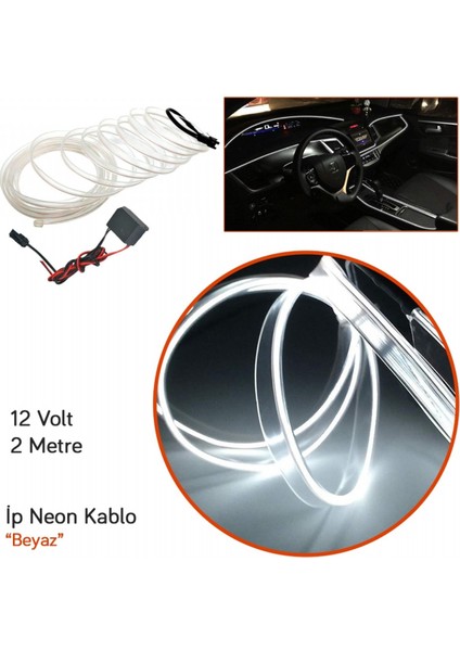 12V Ip Neon Araç Içi Torpido Ledi Beyaz 2 mt