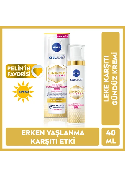 NIVEA Luminous630 Leke Karşıtı Gündüz Yüz Bakım Kremi  40ml,SPF50, Hyaluronik Asit ve E vitamini,Hassas Cilt,Yüksek Güneş Koruması