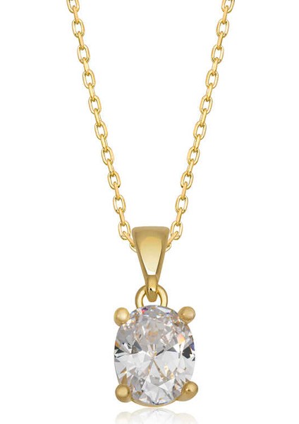 925 Ayar Gümüş Gold Oval Zirkon Taşlı Kadın Gümüş Kolye