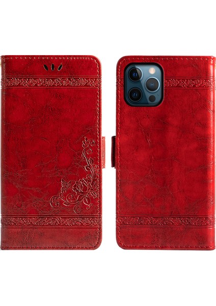 Iphone 14 Pro Telefon Kasası Mumsu Doku Deri Hücre Cüzdan Basılı Çiçek Folio Kapak Standı Kabuk-Kırmızı (Yurt Dışından)