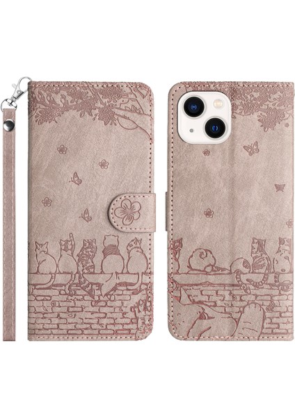 Iphone 14 Telefon Kasası Için Basılmış Duvar Kedileri Telefon Deri Kasa Cüzdanı Stand Tam Koruma Kapağı Kayış-Mor ile (Yurt Dışından)
