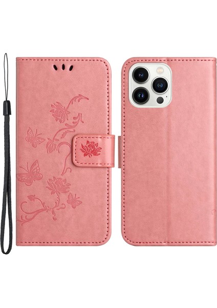 Iphone 14 Pro Telefon Kılıfı 6.1 Inç Kelebek Çiçeği Baskılı Pu Deri Deri Flip Cüzdan Standı Strap-Pink ile Çizgiye Dönüşüm Anti Telefon Kapağı (Yurt Dışından)