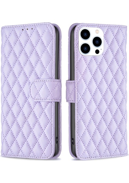 Iphone 14 Pro Telefon Kılıfı 6.1 Inç Pu Deri Baskılı Rhombus Desen Tamamen Sarılmış Kılıf Stand Cüzdan Kapak Morası (Yurt Dışından)