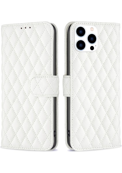 Iphone 14 Pro Telefon Kılıfı 6.1 Inç Pu Deri Baskılı Rhombus Desen Tamamen Sarılmış Kılıf Stand Cüzdan Kapak-Beyaz (Yurt Dışından)