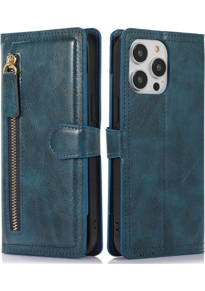 Iphone 14 Pro Fone Case Için Çizgi Anti-Karakter Zipper Cep Şok Geçirmez Pu Deri Deri Telefon Flip Cüzdan Kapak Stand Manyetik Toka Mavisi (Yurt Dışından)