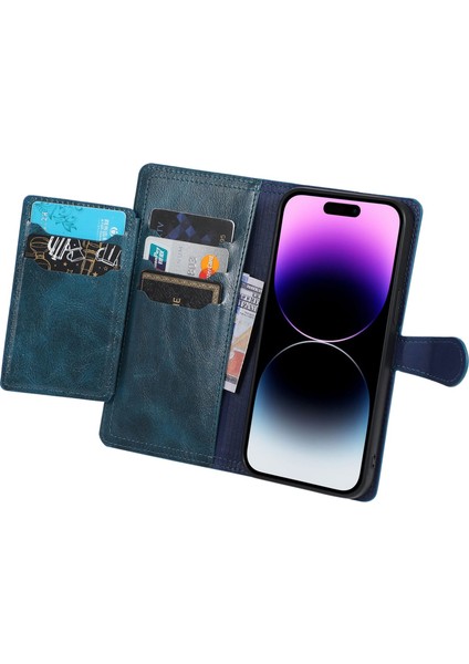 Iphone 14 Pro Fone Case Için Çizgi Anti-Karakter Zipper Cep Şok Geçirmez Pu Deri Deri Telefon Flip Cüzdan Kapak Stand Manyetik Toka Mavisi (Yurt Dışından)