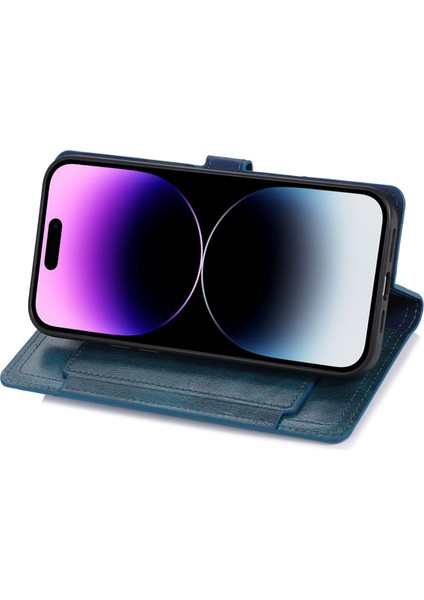 Iphone 14 Pro Fone Case Için Çizgi Anti-Karakter Zipper Cep Şok Geçirmez Pu Deri Deri Telefon Flip Cüzdan Kapak Stand Manyetik Toka Mavisi (Yurt Dışından)