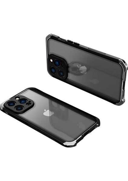 Iphone 14 Pro Telefon Kılıfı Eleman Kutusu Bırakma Koruması 3 Parçalı Tasarım Mobil Kapak Metal +Temperli Cam Cep Telefonu Geri Kılıf Kapak Kara Gümüş (Yurt Dışından)