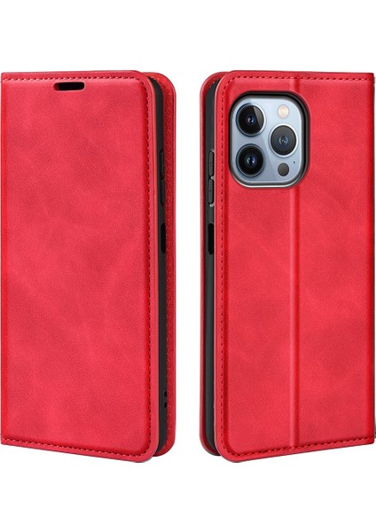 Iphone 14 Pro Telefon Kılıfı 6.1 Inç Yumuşak Ten Duygu Deri Folio Kitap Flip Cover Yatay Görüntüleme Standı Manyetik Emilim Telefon Vaka-Kırmızı (Yurt Dışından)