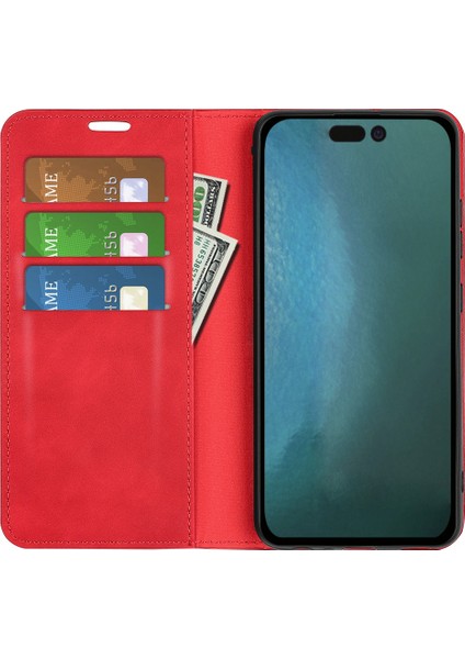 Iphone 14 Pro Telefon Kılıfı 6.1 Inç Yumuşak Ten Duygu Deri Folio Kitap Flip Cover Yatay Görüntüleme Standı Manyetik Emilim Telefon Vaka-Kırmızı (Yurt Dışından) modelleri