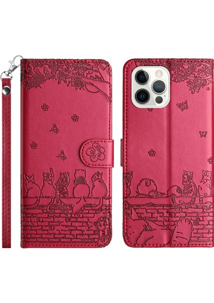 Iphone 14 Pro Stand Pu Deri Duvar Kedileri Için Cüzdan Telefon Kılıfı Kayış Kırmızılı Baskılı Kapak (Yurt Dışından)