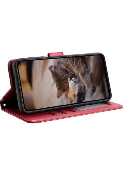 Iphone 14 Pro Stand Pu Deri Duvar Kedileri Için Cüzdan Telefon Kılıfı Kayış Kırmızılı Baskılı Kapak (Yurt Dışından)