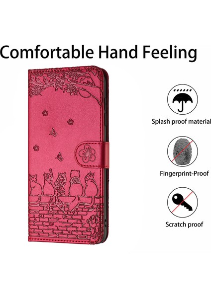 Iphone 14 Pro Stand Pu Deri Duvar Kedileri Için Cüzdan Telefon Kılıfı Kayış Kırmızılı Baskılı Kapak (Yurt Dışından)