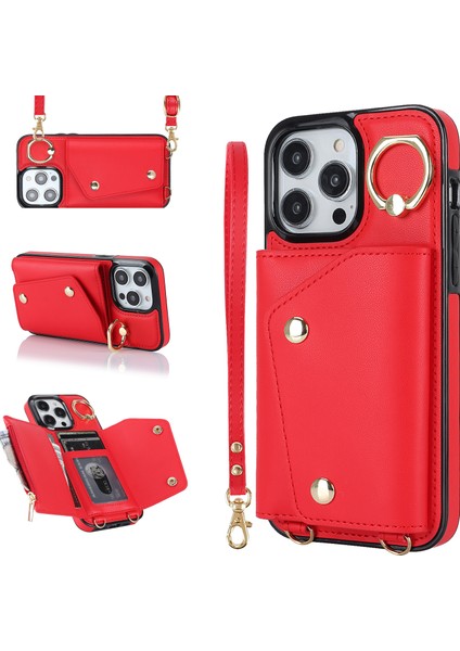 Iphone 14 Pro Fone Case Için Zipper Cüzdan Yüzük Kickstand Pu Deri Kaplamalı Tpu Crossbody Telefon Kapak-Kırmızı (Yurt Dışından)