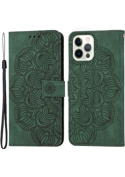 Iphone 14 Pro Telefon Kılıfı Için 6.1 Inç Baskılı Mandala Çiçek Cüzdan Kılıfı Pu Deri Yumuşak Tpu Folio Flip Kapak Strap-Yeşil (Yurt Dışından)