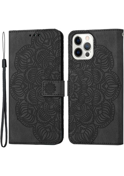 Iphone 14 Pro Telefon Kılıfı 6.1 Inç Baskılı Mandala Çiçek Cüzdan Kılıfı Pu Derisi Yumuşak Tpu Folio Flip Kapak Strap-Black (Yurt Dışından)