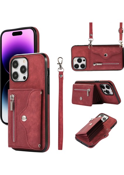 Iphone 14 Pro Phone Case Pu Deri+Tpu Kırpma Kanıtı Kickstand Kapak Rfıd Engelleme Kartı Torba-Kırmızı (Yurt Dışından)