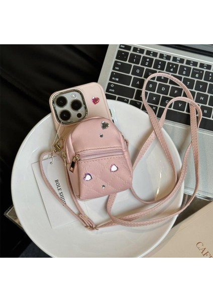 Iphone 14 Pro Tpu Için Deri Deri Kapak Küçük Schoolbag Tasarım Telefon Kılıfı Crossbody Strap-Pink ile (Yurt Dışından)