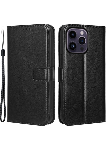 Iphone 14 Pro Telefon Kılıfı 6.1 Inç Şok Geçirmez Pu Deri Foli Flip Çılgın At Dokusu Giyim Dayanıklı Cep Telefon Kapağı Cüzdan-Black (Yurt Dışından)