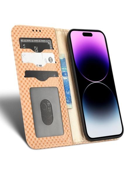 Iphone 14 Pro Telefon Kılıfı Için Cüzdan Manyetik Kapatma Koruyucu Kapak Izgara Dokusu Pu Deri Stand Kılıf Bej (Yurt Dışından)