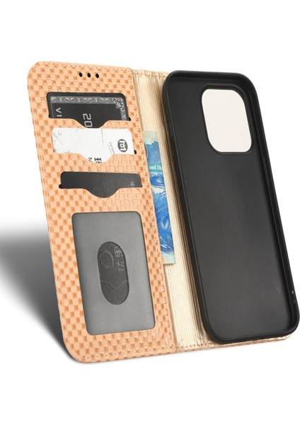 Iphone 14 Pro Telefon Kılıfı Için Cüzdan Manyetik Kapatma Koruyucu Kapak Izgara Dokusu Pu Deri Stand Kılıf Bej (Yurt Dışından)