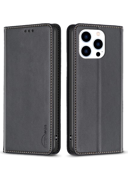 Iphone 14 Pro Pu Deri Kılıf Cep Telefonu Stand Black Için (Yurt Dışından)