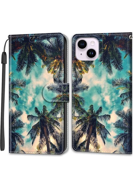 Iphone 14 Desenli Basılı Kart Tutucusu Için Deri Kasa Telefon Kapak-Coconut Ağacı (Yurt Dışından)