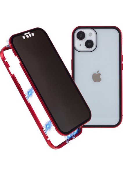 Iphone 14 Telefon Kasası Anti-Casus Metal Çerçeve+Çift Taraflı Temperli Cam Manyetik Tam Koruma Kapak-Kırmızısı (Yurt Dışından)