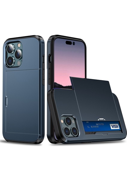 Iphone 14 Pro 6.1 Inç Çizgiye Dönüş Anti Telefon Kılıf Kart Tutucu Yumuşak Tpu+Sert Pc Hybrid Cover-Dark Mavi (Yurt Dışından)