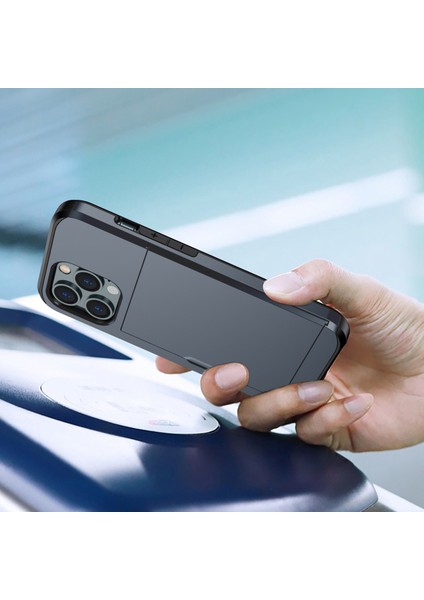 Iphone 14 Pro 6.1 Inç Çizgiye Dönüş Anti Telefon Kılıf Kart Tutucu Yumuşak Tpu+Sert Pc Hybrid Cover-Dark Mavi (Yurt Dışından)
