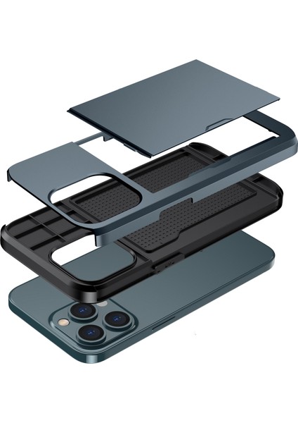 Iphone 14 Pro 6.1 Inç Çizgiye Dönüş Anti Telefon Kılıf Kart Tutucu Yumuşak Tpu+Sert Pc Hybrid Cover-Dark Mavi (Yurt Dışından)