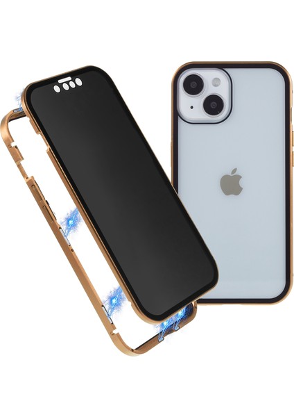 Iphone 14 Telefon Kasası Anti-Casus Metal Çerçeve+Çift Taraflı Temperli Cam Manyetik Tam Koruma Kapağı Altın (Yurt Dışından)