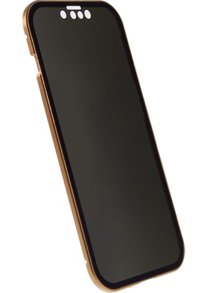 Iphone 14 Telefon Kasası Anti-Casus Metal Çerçeve+Çift Taraflı Temperli Cam Manyetik Tam Koruma Kapağı Altın (Yurt Dışından)
