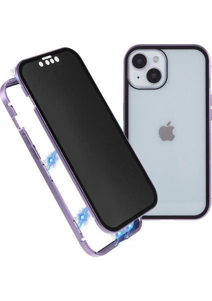 Iphone 14 Telefon Kasası Anti-Casus Metal Çerçeve+Çift Taraflı Temperli Cam Manyetik Tam Koruma Kapak-Mor (Yurt Dışından)