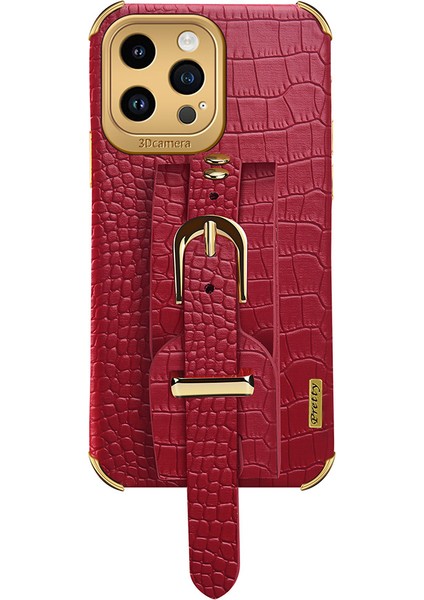 Iphone 14 Pro Telefon Kılıfı Timsah Dokusu 6d Elektraptaşlama Bilek Bankası Pu Deri+Tpu Anti-Drop Telefon Kapak-Kırmızı (Yurt Dışından)