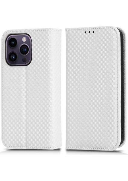 Iphone 14 Pro Telefon Kılıfı Için Cüzdan Manyetik Kapatma Koruyucu Kapak Izgara Dokusu Pu Deri Stand Kılıf Beyaz (Yurt Dışından)
