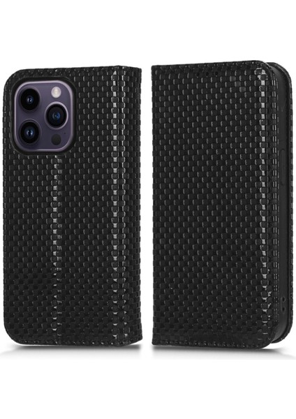 Iphone 14 Pro Telefon Kılıfı Için Cüzdan Manyetik Kapatma Koruyucu Kapak Izgara Dokusu Pu Deri Stand Kılıf Black (Yurt Dışından)