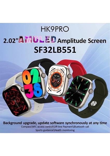 HK9 PROMAX+ 2.0 Inç Sesli Görüşme Bildirim Alma Bayan Erkek Android Ios Uyumlu 2 Kordon 45mm Akilli Saat SIYAH NEW