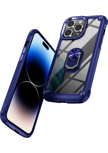 Iphone 14 Pro Fone Case Için Koruyucu Geri Kılıf Pc+Tpu Metal Ring Kickstand-Mavi (Yurt Dışından)