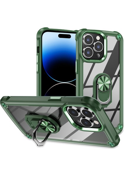 Iphone 14 Pro Fone Case Için Koruyucu Geri Kılıf Pc+Tpu Metal Ring Kickstand-Yeşil ile Kılpma Anti-Çizelge Karşıtı Kapak (Yurt Dışından)