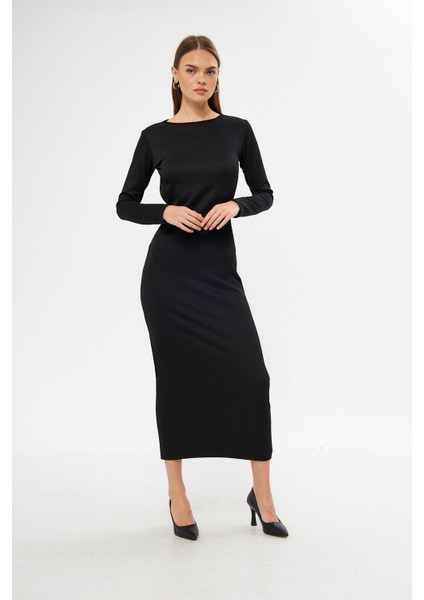 Nancy Siyah Bisiklet Yaka Sırt Açık Uzun Kol Maxi Kadın Elbise