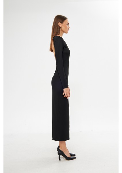 Nancy Siyah Bisiklet Yaka Sırt Açık Uzun Kol Maxi Kadın Elbise fiyatları