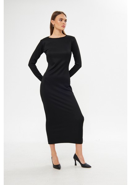Nancy Siyah Bisiklet Yaka Sırt Açık Uzun Kol Maxi Kadın Elbise modelleri