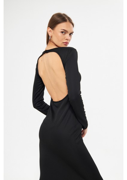 Nancy Siyah Bisiklet Yaka Sırt Açık Uzun Kol Maxi Kadın Elbise fırsatları