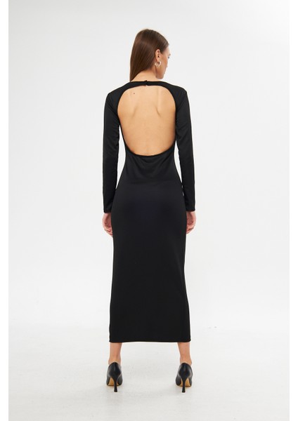 Nancy Siyah Bisiklet Yaka Sırt Açık Uzun Kol Maxi Kadın Elbise indirimleri