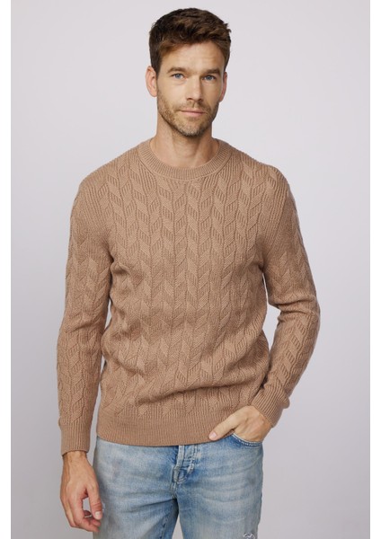 Slim Fit Bisiklet Yaka Desenli Krem Erkek Kazak