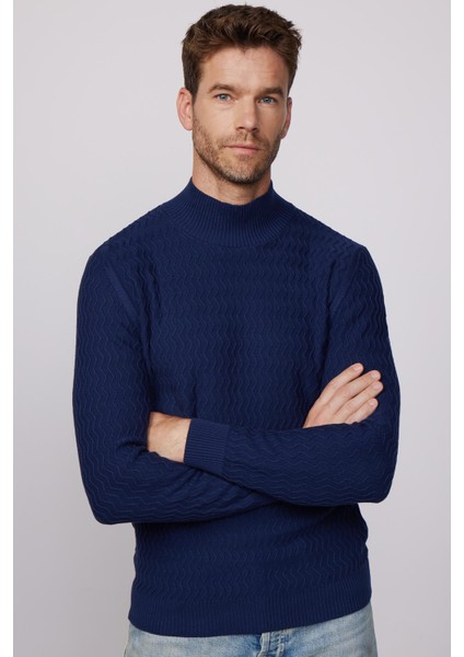 Slim Fit Dar Kesim Yarım Balıkçı Yaka Desenli Tüylenmeyen Lacivert Erkek Kazak fiyatları