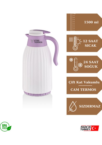 1.5 Lt Oluklu Gövde Cam Termos - LİLA