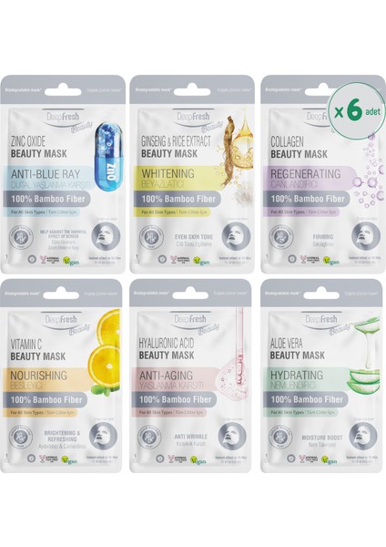 C Vitamini & Hyaluronic Acid & Aloe Vera& Zinc Oxide & Ginseng ve Rice & Collagen Yüz Maskesi 6 Adet