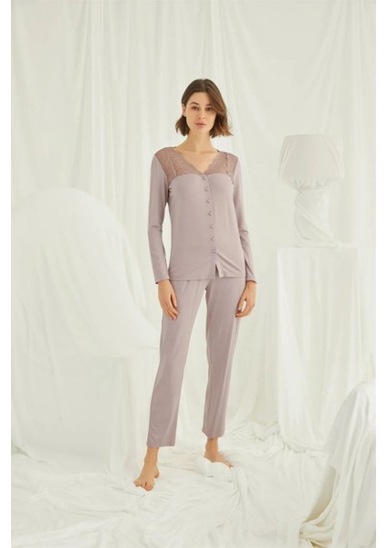 Kadın Vizon Omzu Dantelli Önü Boydan Düğmeli Pijama Takımı 18434 modelleri